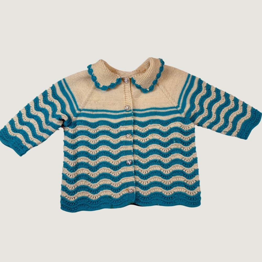 Vintage 1960s Handmade Girls Knit Sweater Blue Cream Wavy Chevron Cardigan